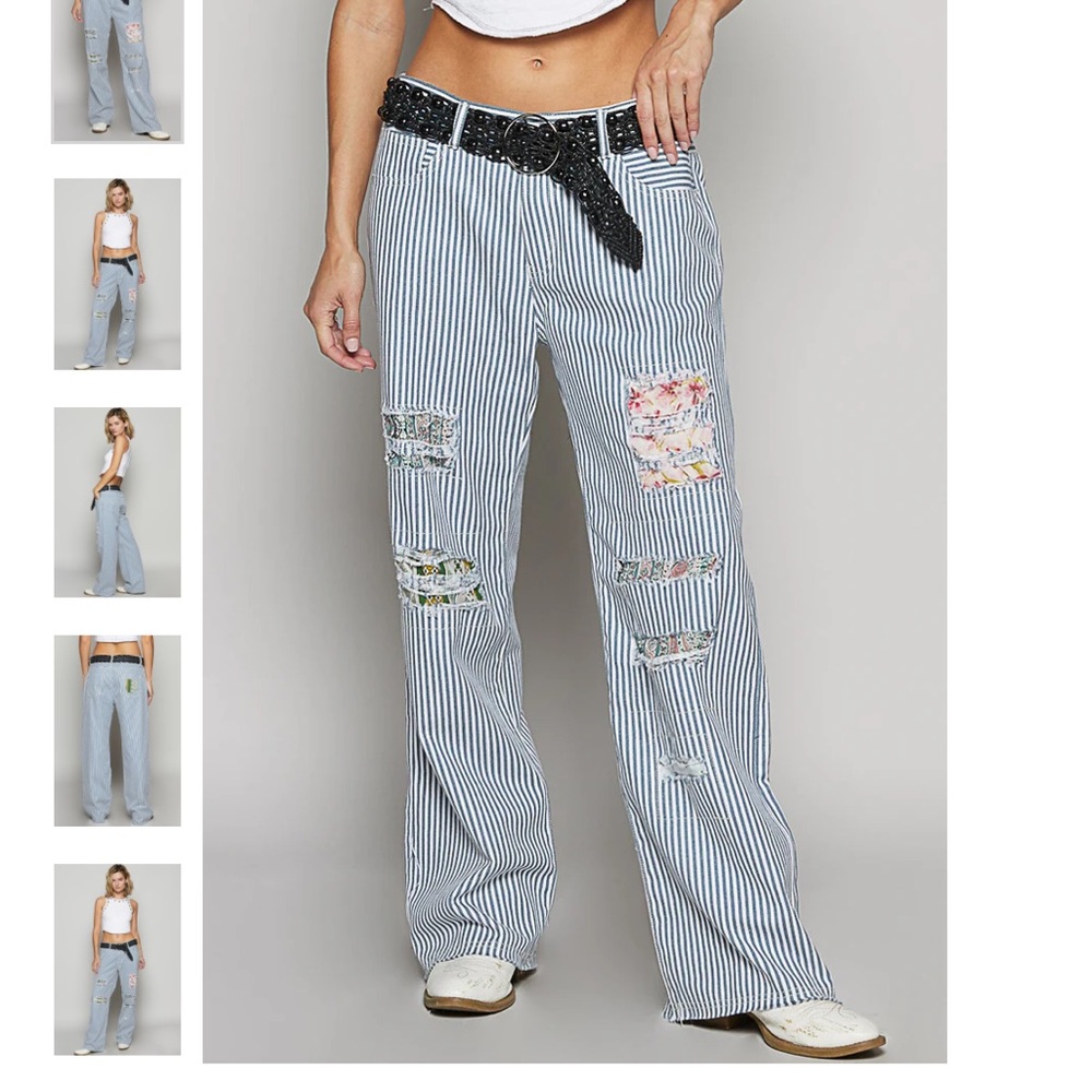POL Blue and White Striped Jeans with Floral Patch Details